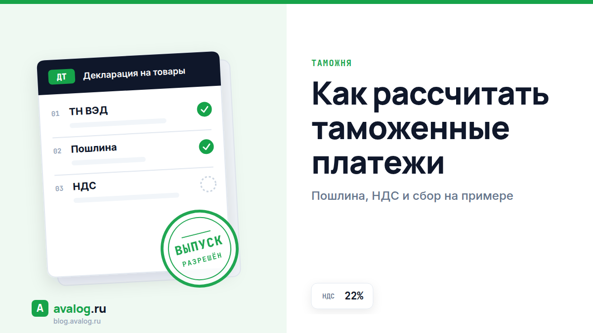 Как рассчитать таможенные платежи при импорте: пошлина, НДС 22% и сбор на примере